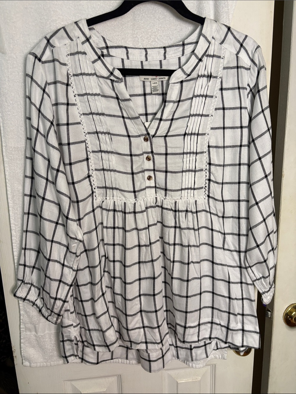 Wrangler White Black Windowpane Pintuck Flannel Blouse